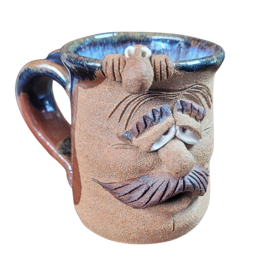 Vintage Stoneware Ugly Face Mug Hand Crafted Brown and Blue Face Mug Studio Art